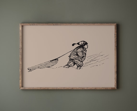 Vintage Boy Pulling Sled Snow Sketch Retro Christmas Winter Poster
