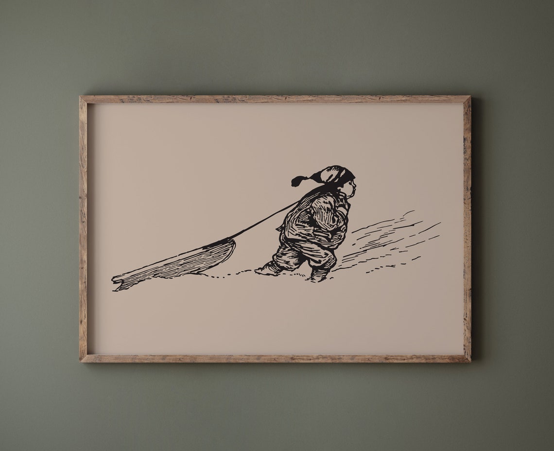 Vintage Boy Pulling Sled Snow Sketch Retro Christmas Winter Poster