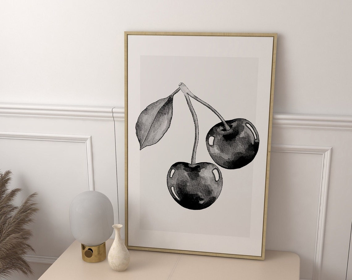 Black And White Cherry Illustration Monochrome Fruit Wall Art - Image 3