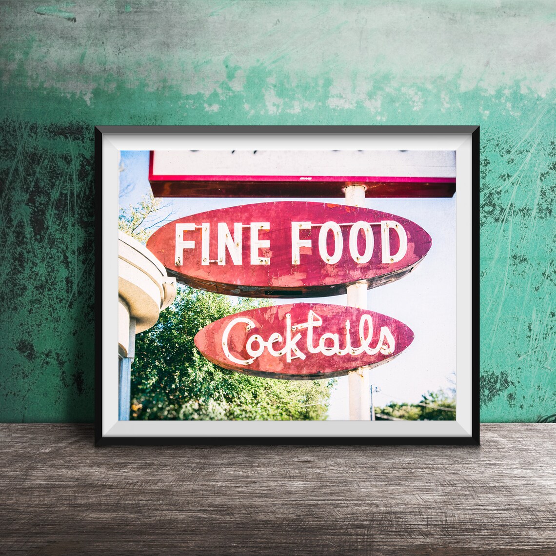 Fine Food Cocktails Vintage Red Neon Roadside Sign Photo Poster