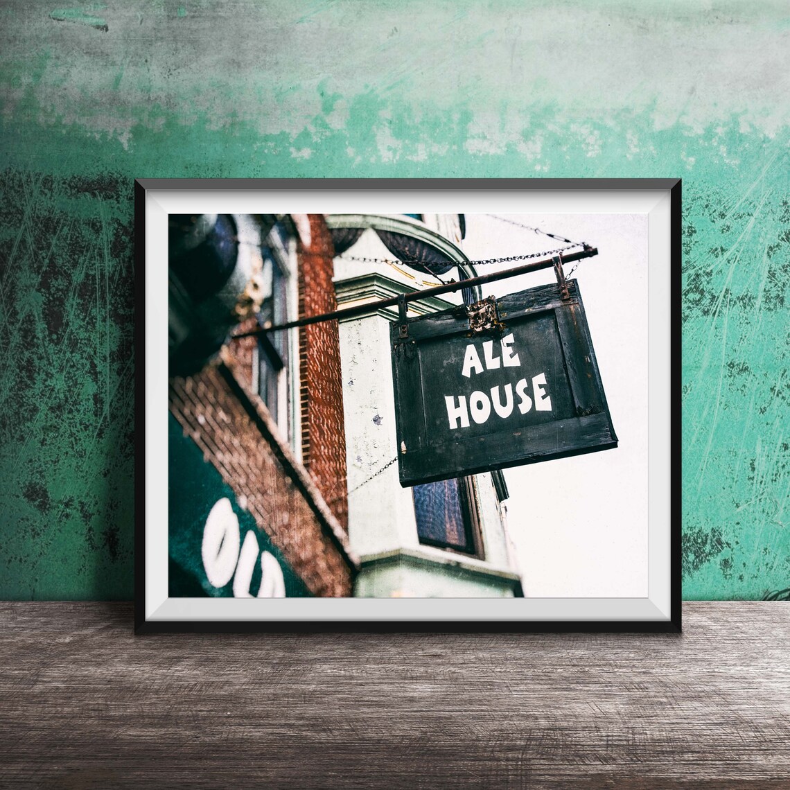Ale House Rustic Wooden Hanging Sign Brick Building Photo Poster