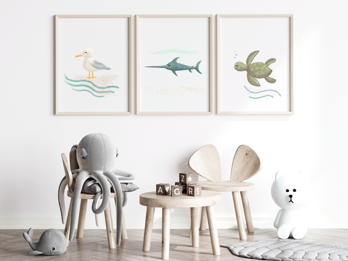 Cute Blue Swordfish Watercolor Ocean Nursery Kids Room Wall Art - Image 3