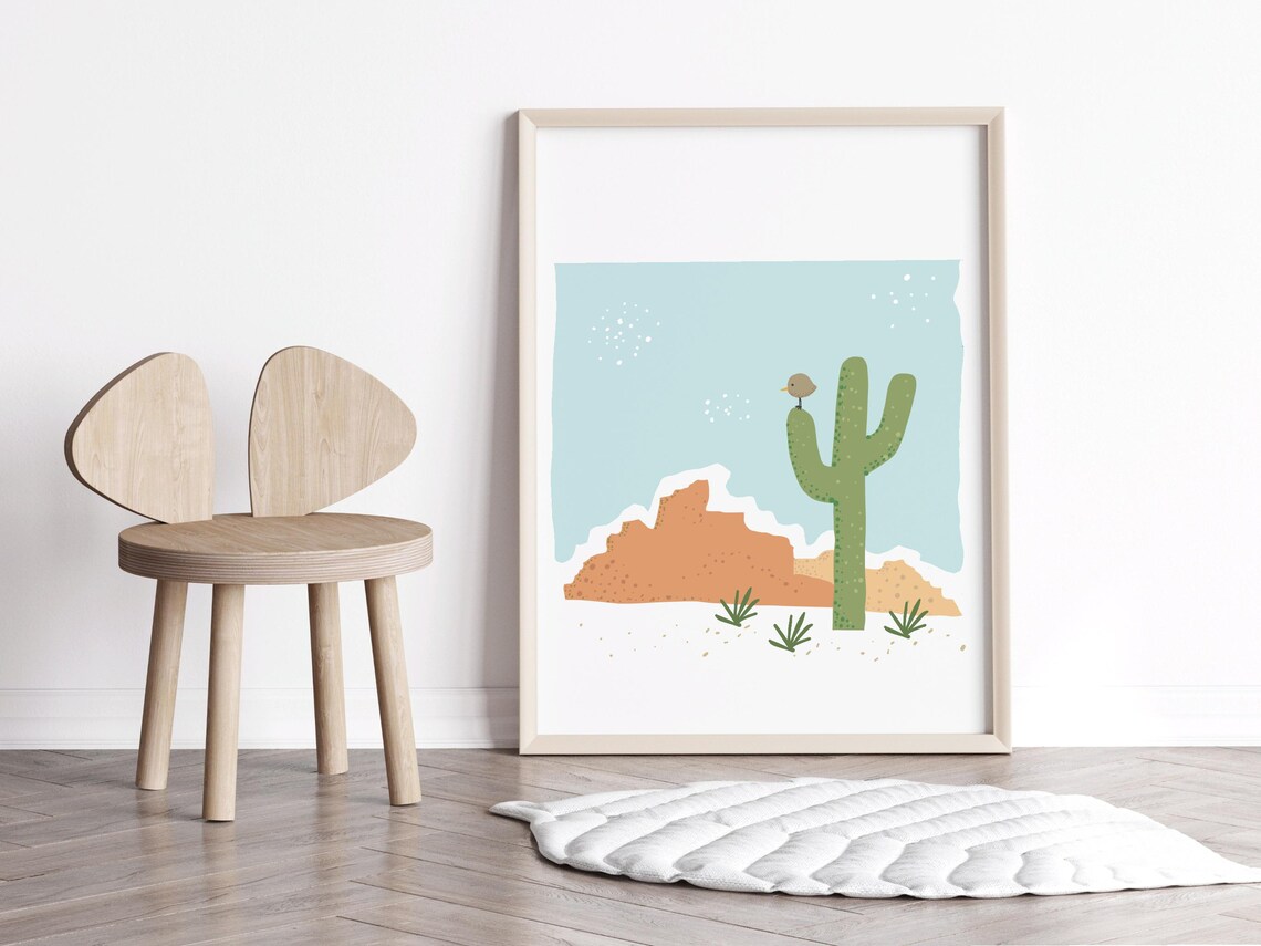 Desert Cactus and Bird Watercolor Southwest Nursery Kids Wall Art - Image 2