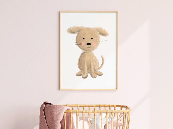 Cute Tan Puppy with Floppy Ears Watercolor Nursery Kids Wall Art