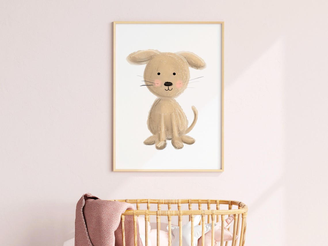 Cute Tan Puppy with Floppy Ears Watercolor Nursery Kids Wall Art