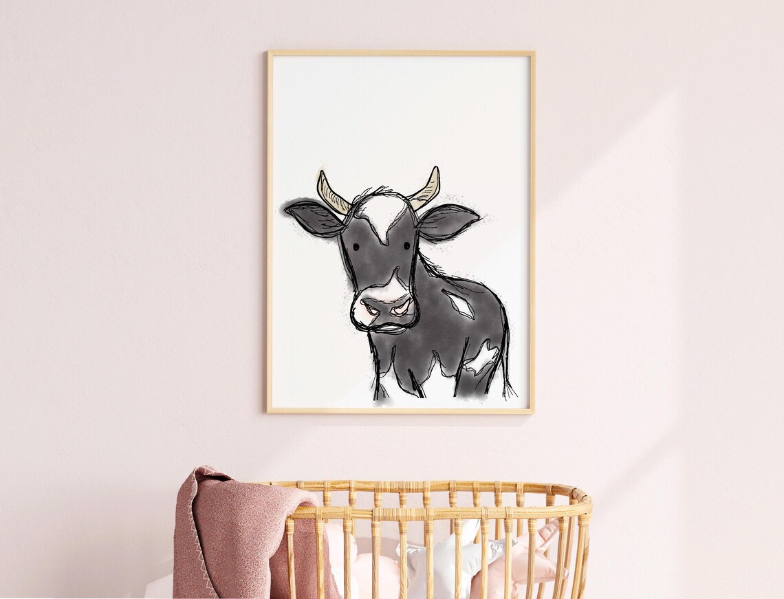 Black and White Cow Watercolor Sketch Farm Nursery Kids Wall Art - Image 3