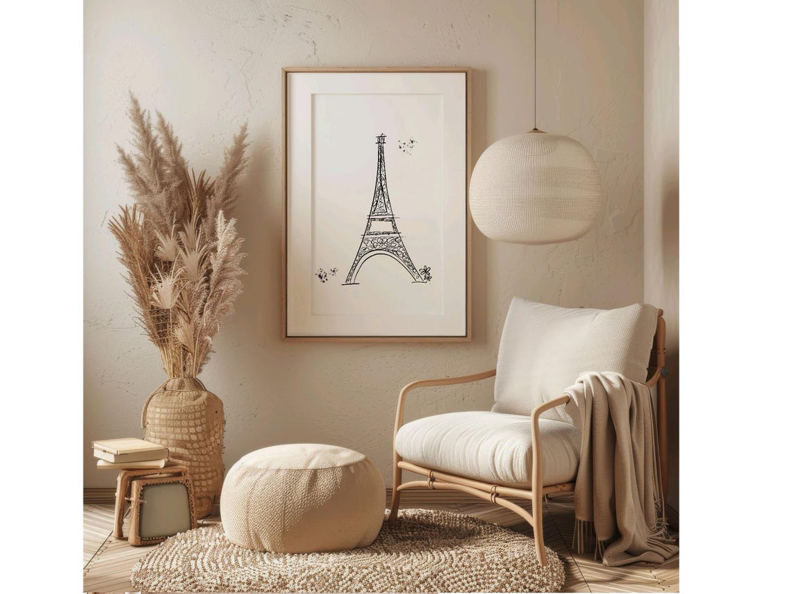 Paris Eiffel Tower Line Sketch Black Ink Nursery Wall Decor Poster - Image 3
