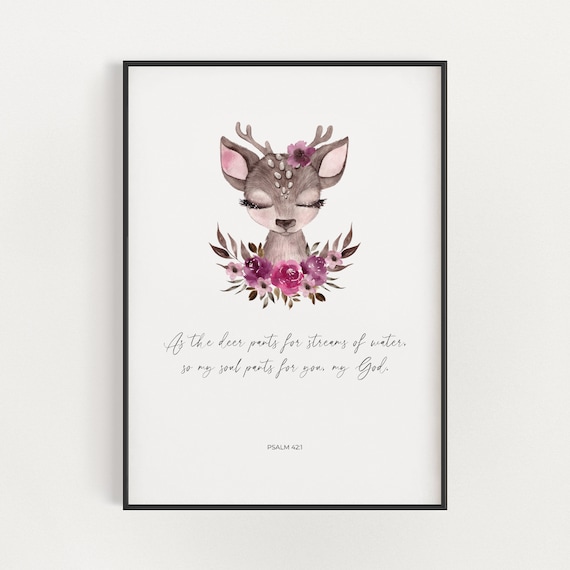 Psalm 42:1 As The Deer Pants Floral Deer Nursery Scripture Poster