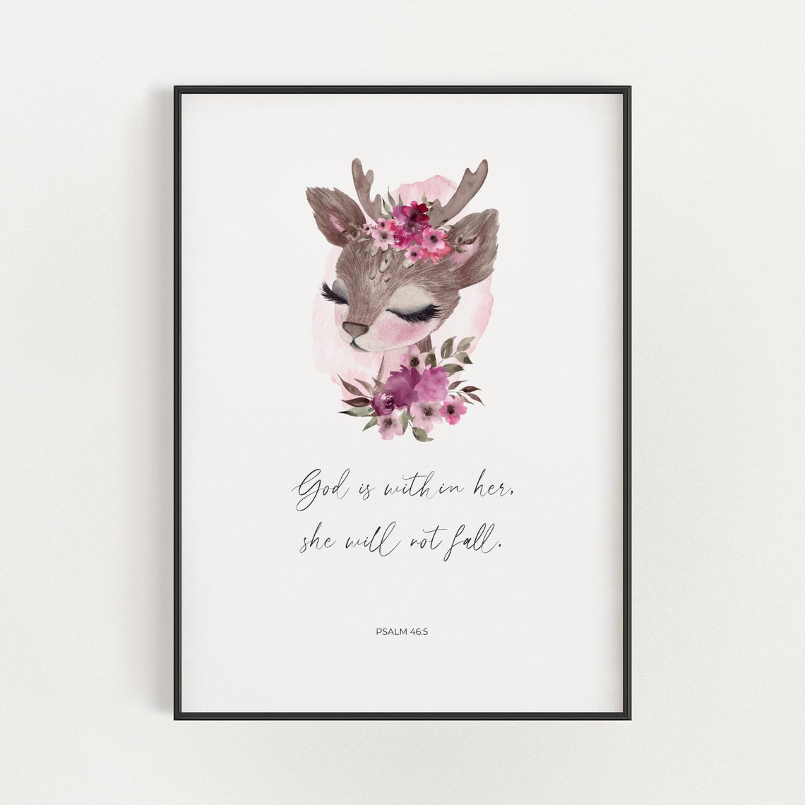 Psalm 46:5 God Is Within Her Floral Deer Nursery Scripture Poster