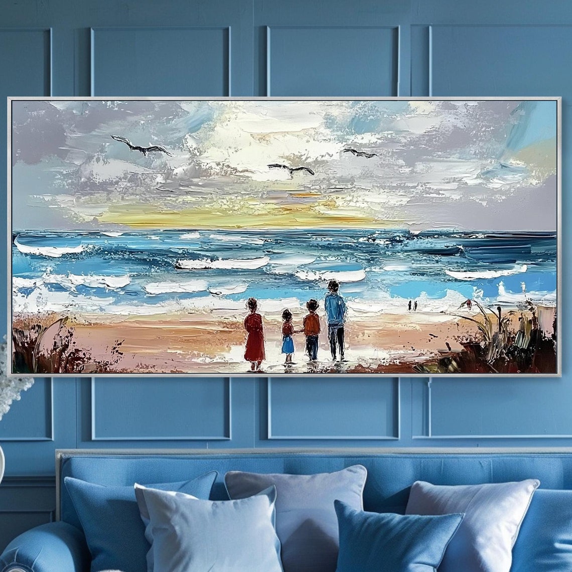Family Beach Walk Silhouettes Watching Ocean Sunset Impasto Wall Art