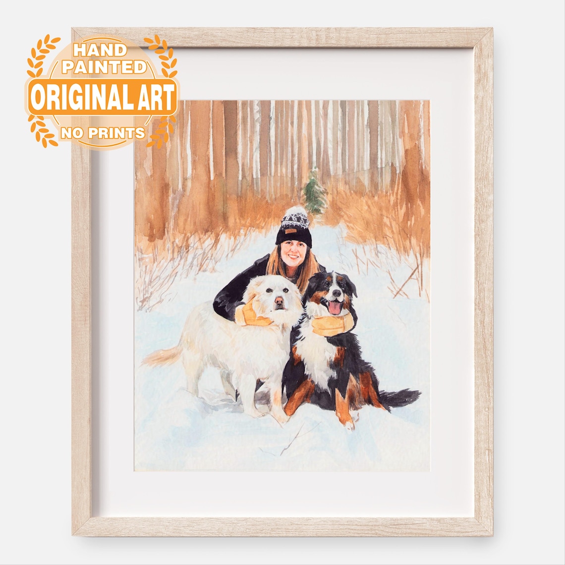 Woman With Golden Retriever Watercolor Custom Pet Portrait Original Wall Art - Image 2