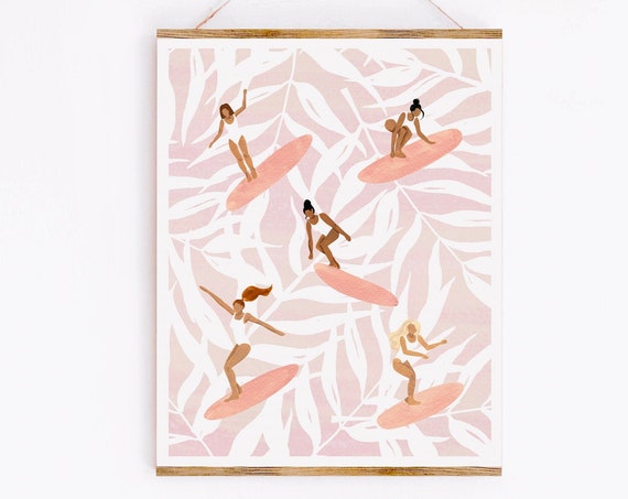 Women Surfing Tropical Ocean Art Print, Pink Style