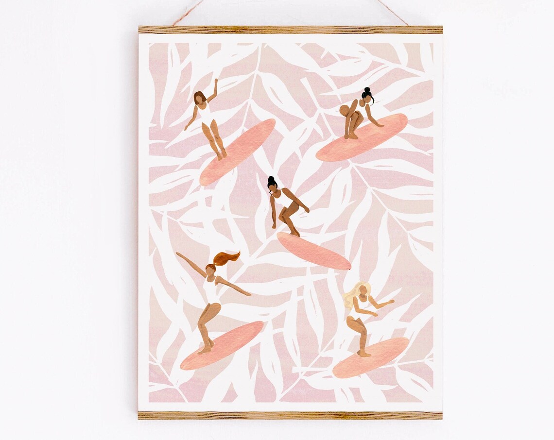 Women Surfing Tropical Ocean Art Print, Pink Style