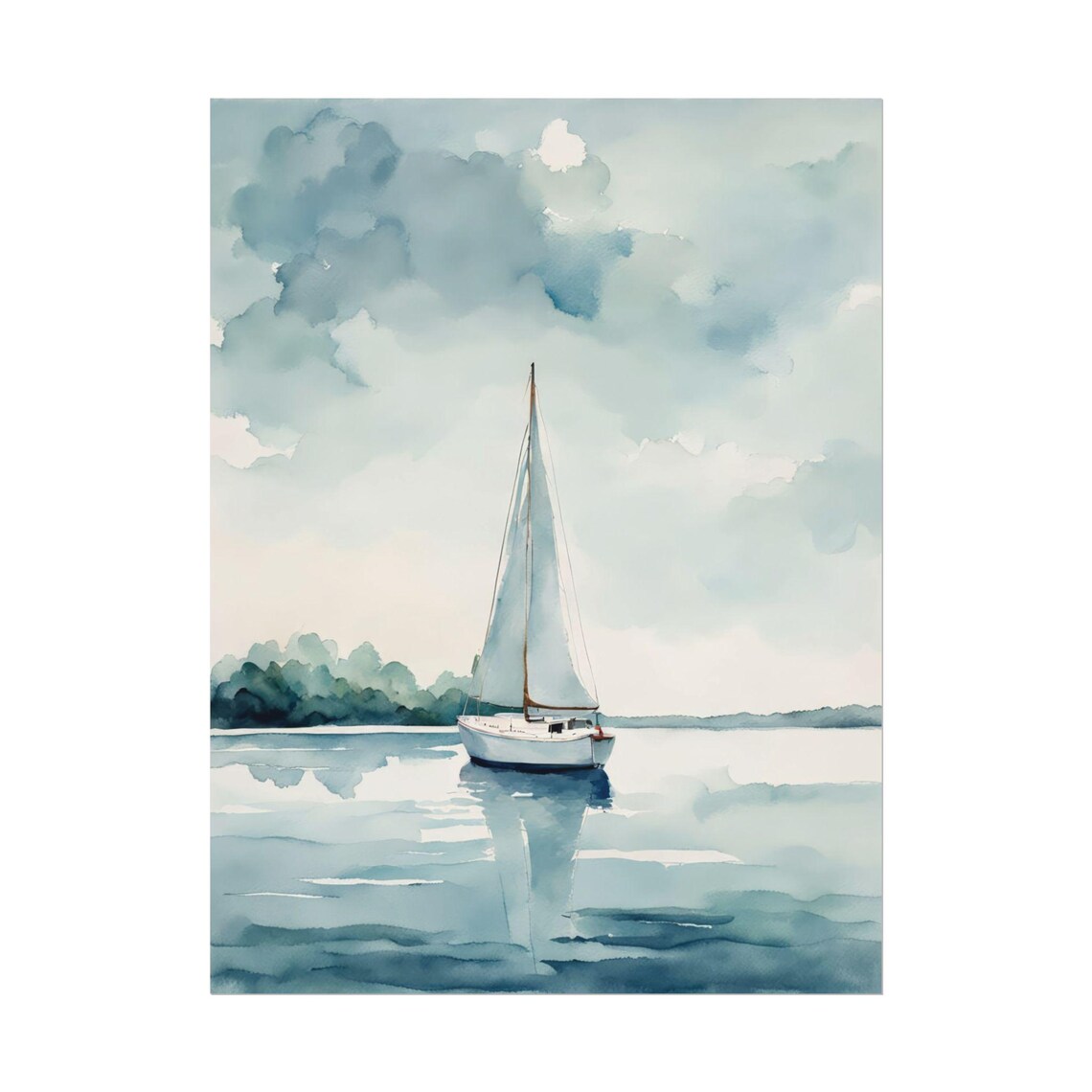Sailboat Calm Sea Soft Teal Watercolor Peaceful Sailing Scene Poster