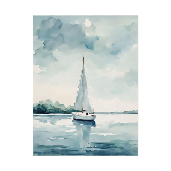 Sailboat Calm Sea Soft Teal Watercolor Peaceful Sailing Scene Poster