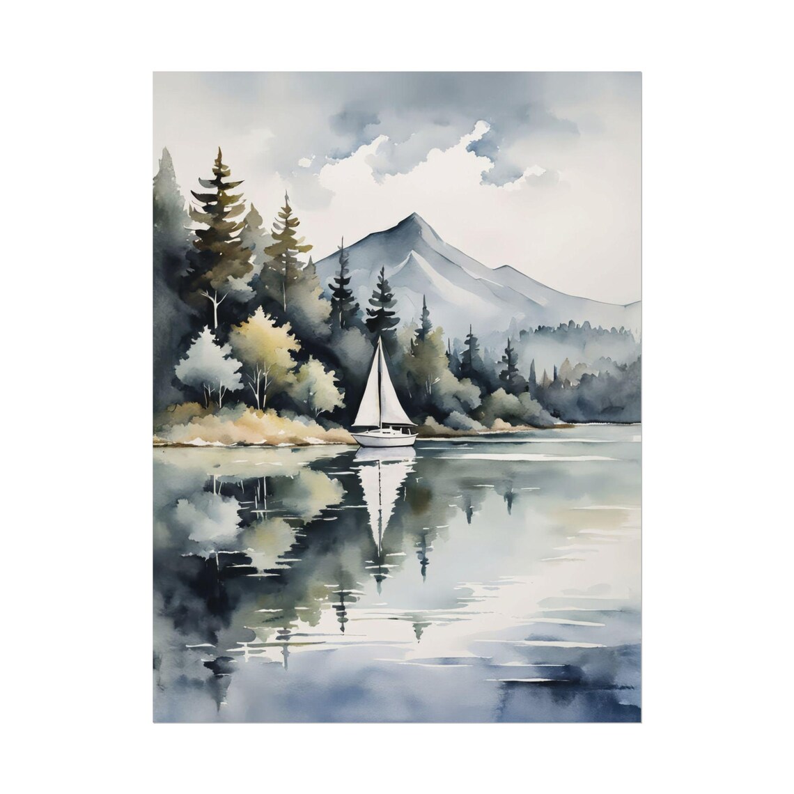 Sailboat Pine Forest Lake Mountain Reflection Watercolor Nature Wall Art