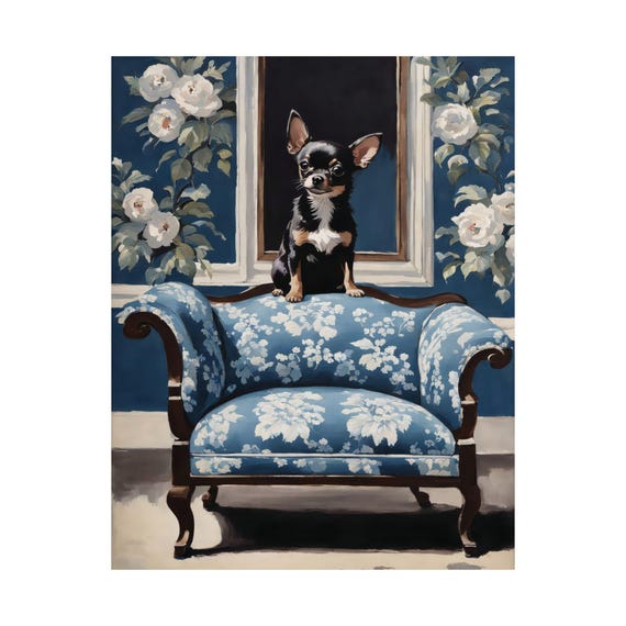 Adorable Chihuahua Art Print Blue Floral Chinoiserie Wall Dog Lover Poster Gift Watercolor Painting Home Decor Mixed Color