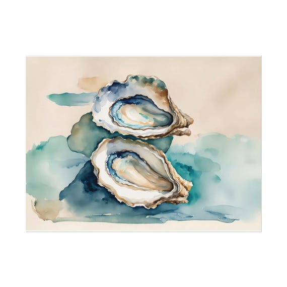 Oyster Halves Art Print Coastal Watercolor Painting Beachy Turquoise Wall Neutral Home Decor Poster