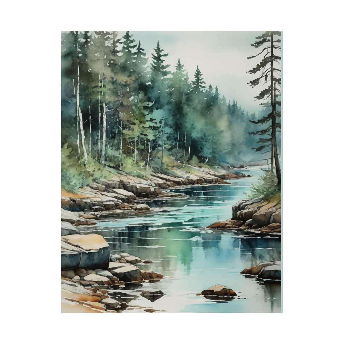 Maine Shoreline Watercolor Painting, Atlantic Coastline Art Print