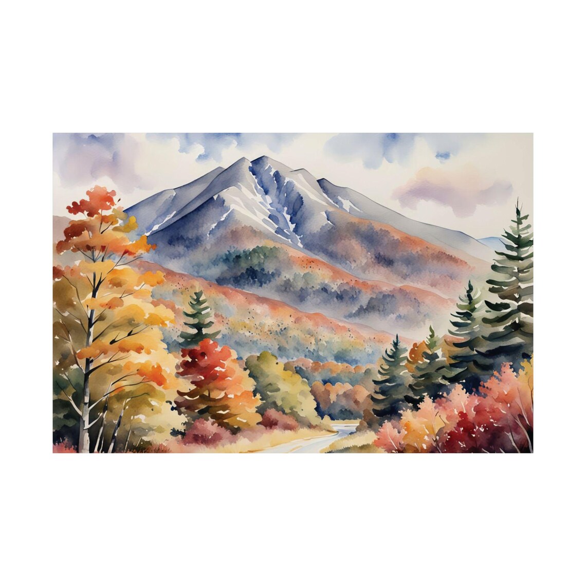 Autumn Mountain Valley with Golden Foliage Watercolor Poster