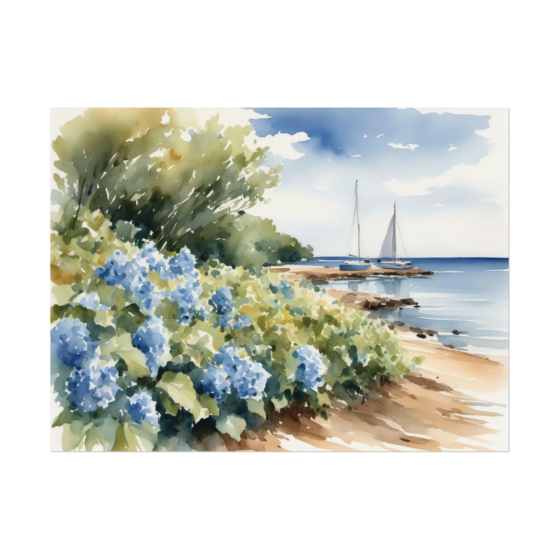 Blue Hydrangea Beach Watercolor Seascape Sailboat Coastal Art Poster