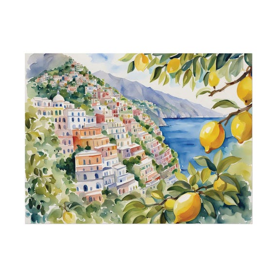 Positano Watercolor Painting Lemon Tree Artwork Italian Cityscape Wall Art Amalfi Coast Italy Travel Poster