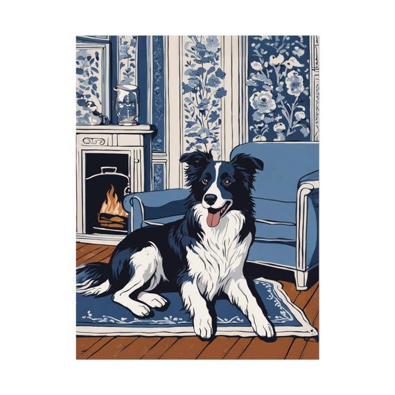 Border Collie Art Print Nc1 Blue Wall Dog Lover Poster Gouachewatercolor Painting Maximalist