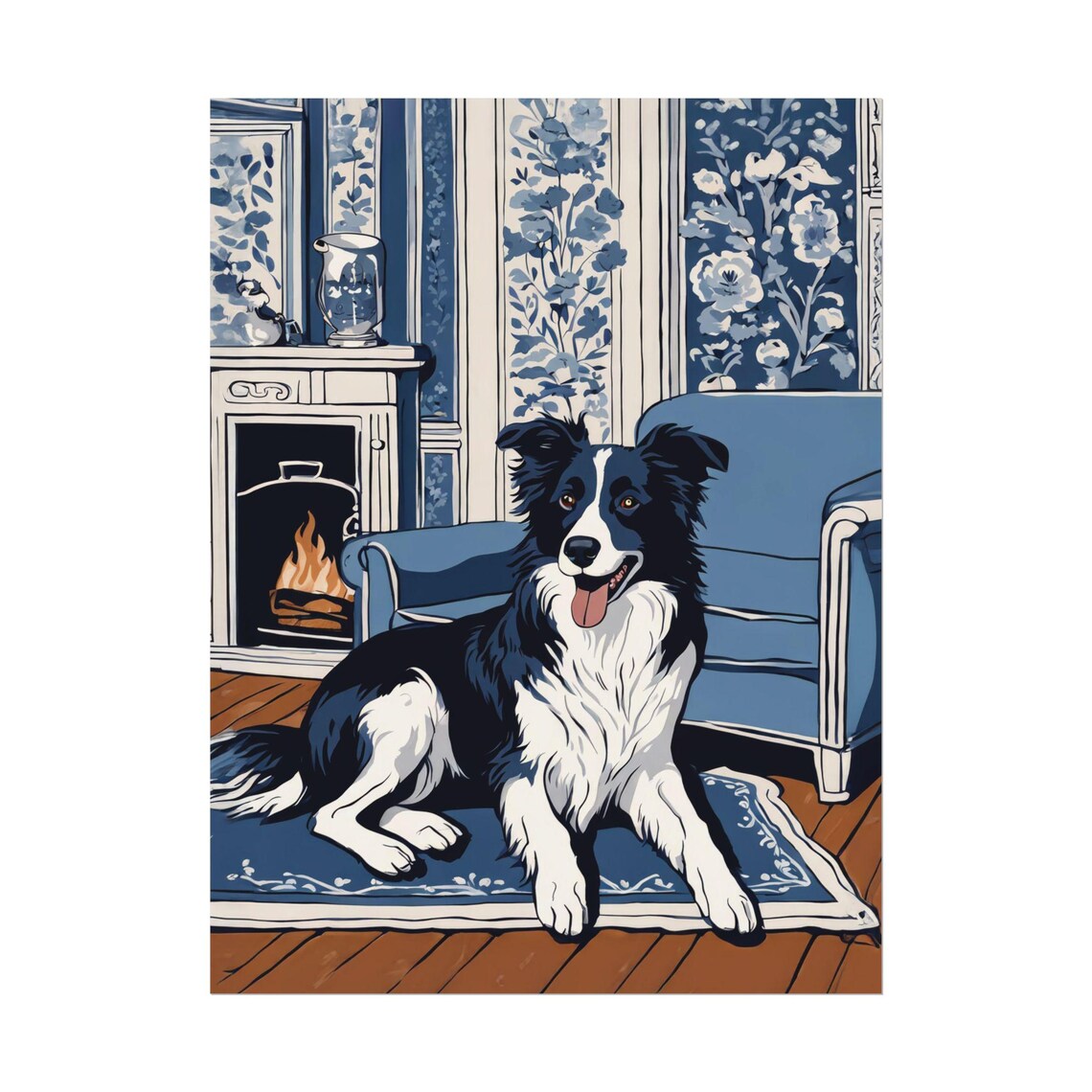 Border Collie Blue Fireplace Armchair Cozy Dog Portrait Poster