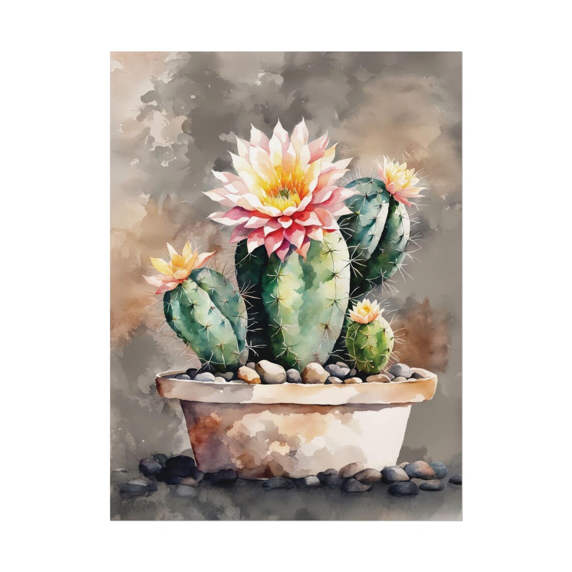 Blooming Cactus Watercolor in Pot With Pink Flower Desert Art Poster