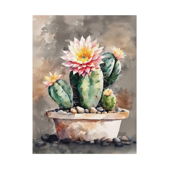 Blooming Cactus Watercolor in Pot With Pink Flower Desert Art Poster