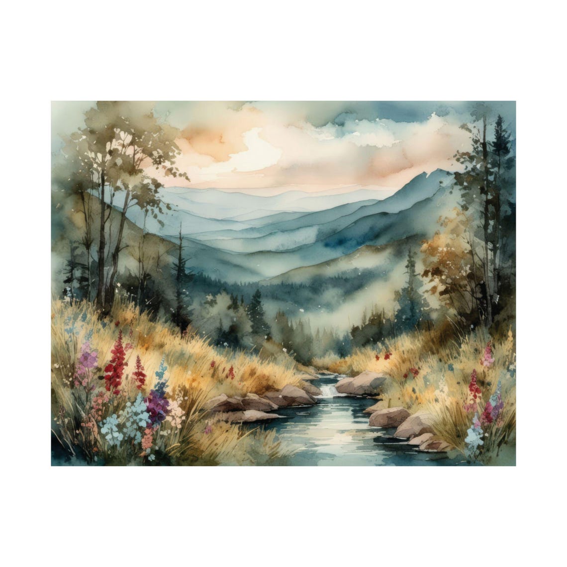 Mountain Stream with Wildflowers Watercolor Landscape Poster