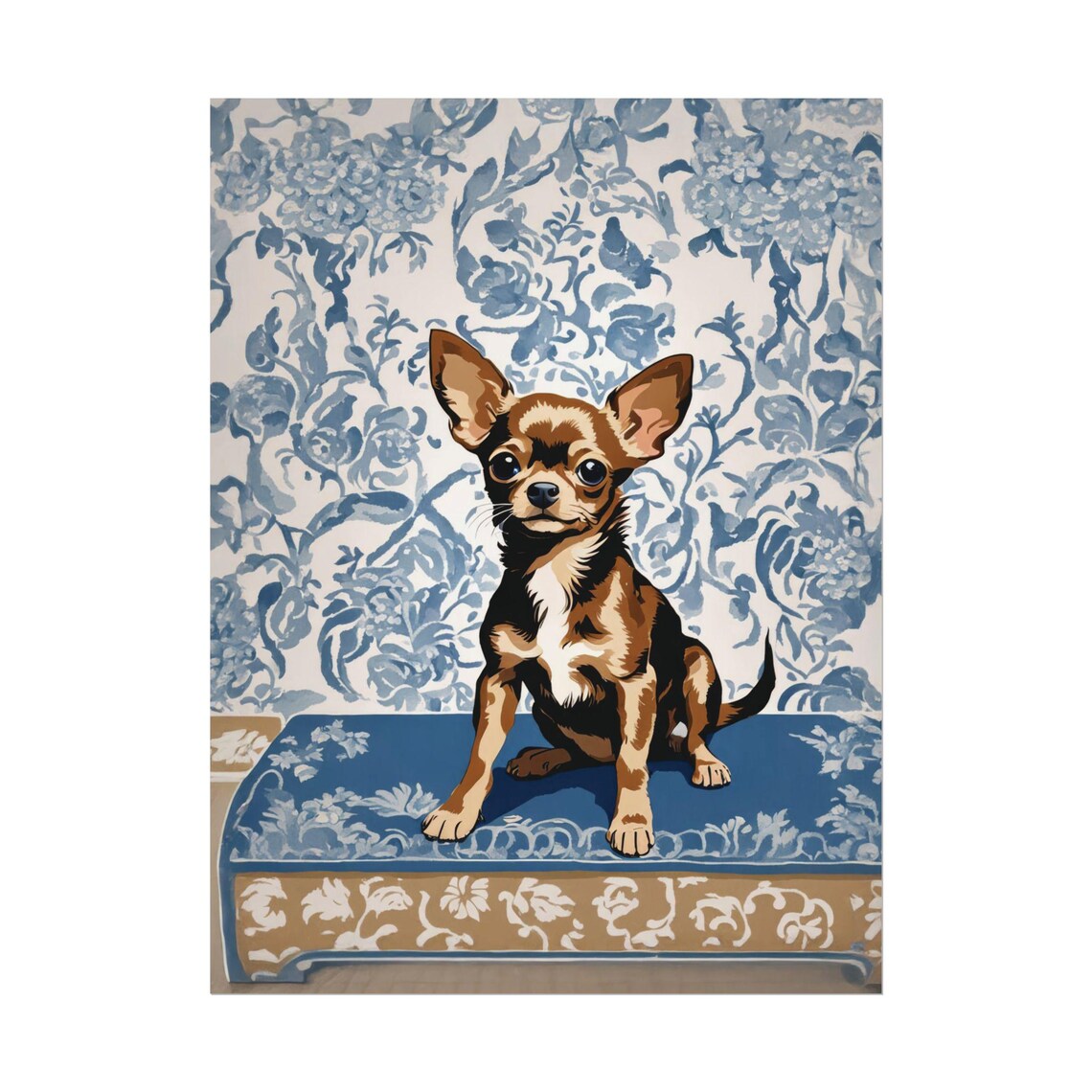 Brown Chihuahua Sitting Blue Floral Chinoiserie Bench Dog Poster