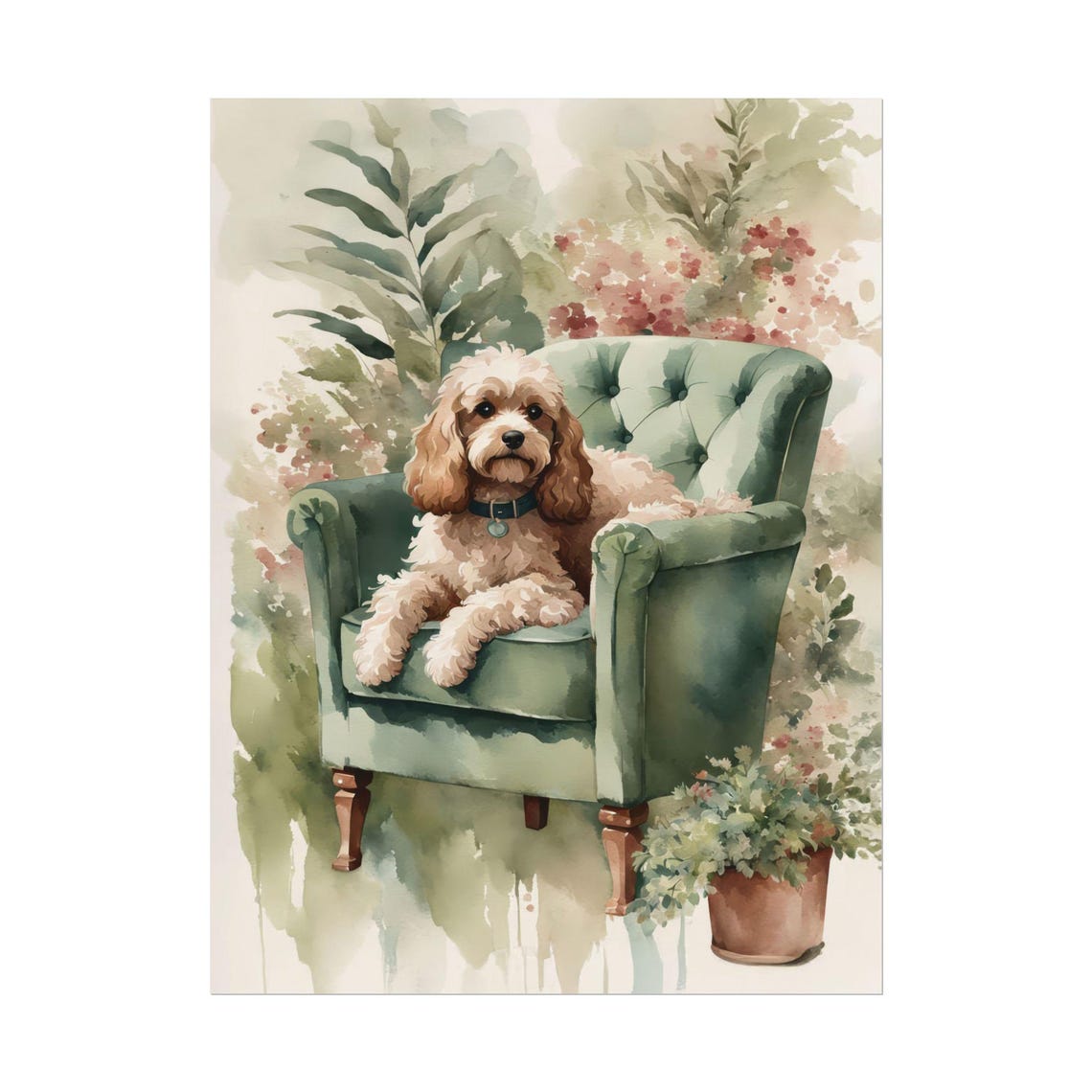 Curly Cavapoo Dog on Sage Green Armchair Floral Watercolor Poster