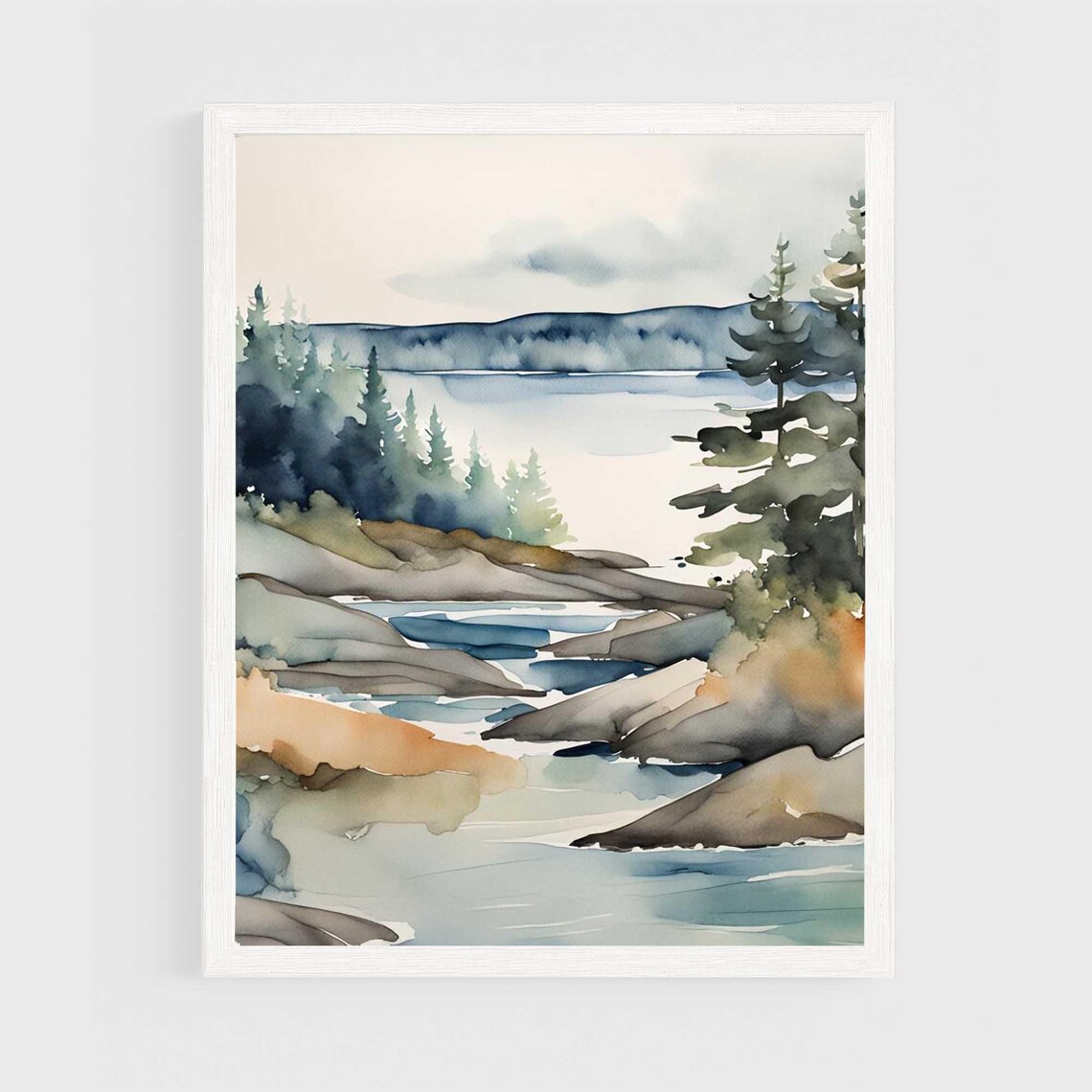Maine Beach Watercolor Landscape, Acadia Shoreline Art Print