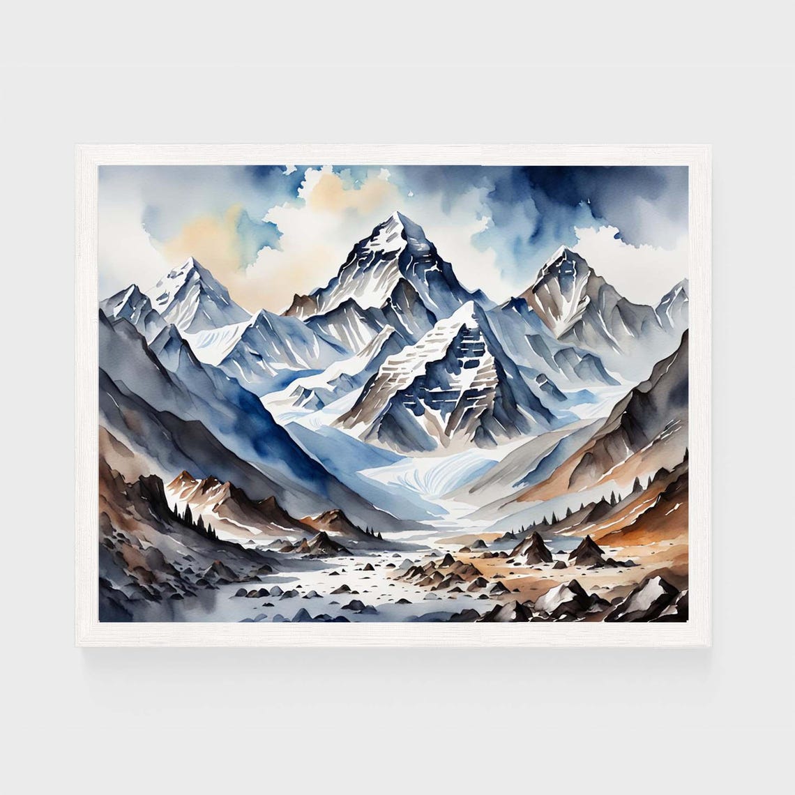 Snowcapped Mountain Peaks Glacier Watercolor Landscape Poster