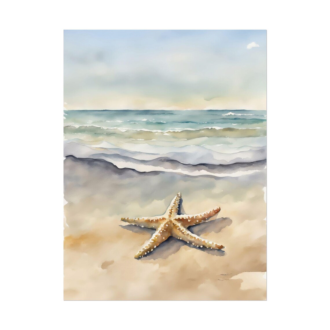 Starfish on Beach Sand Ocean Waves Watercolor Coastal Still Life Poster