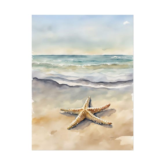 Starfish Watercolor Painting Beach Seascape Wall Art Print Neutral Summer Living Room Decor Nc5