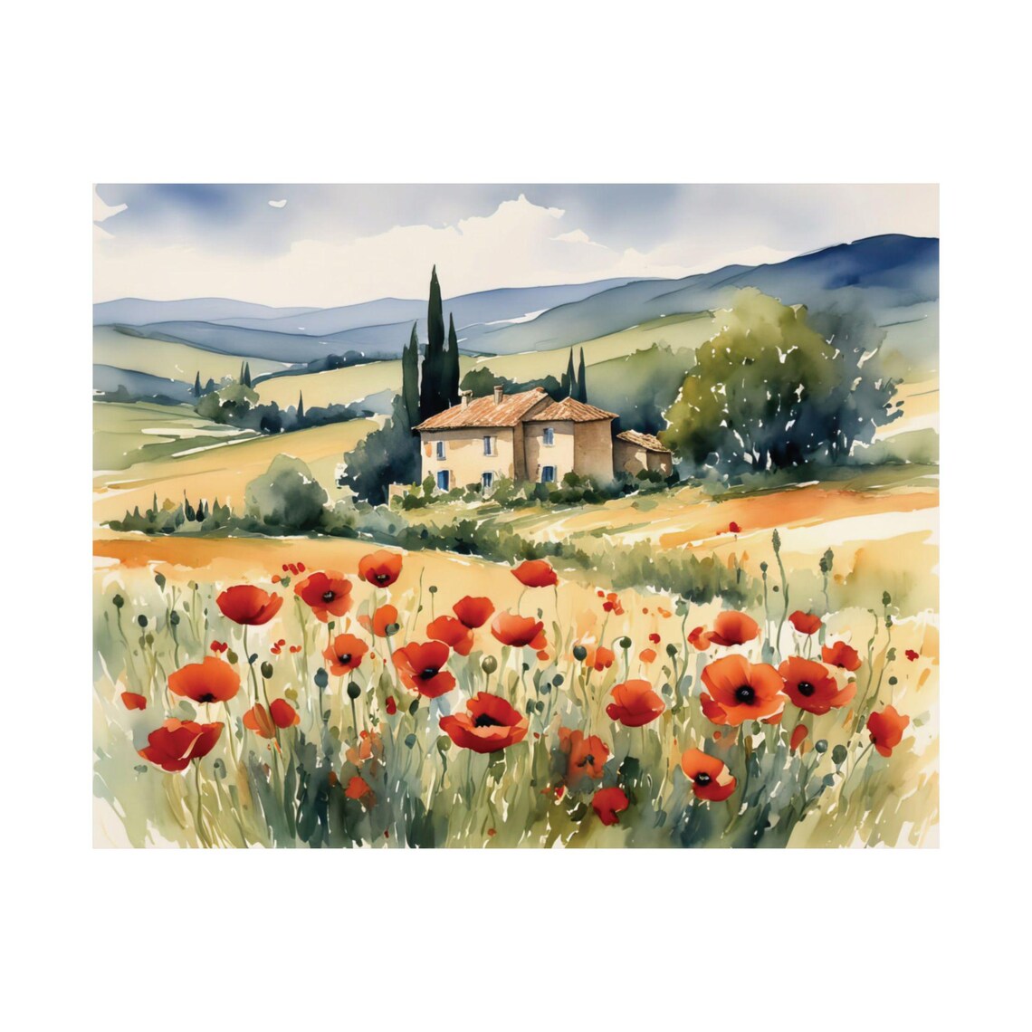 Tuscan Countryside Red Poppies Farmhouse Watercolor Wall Art