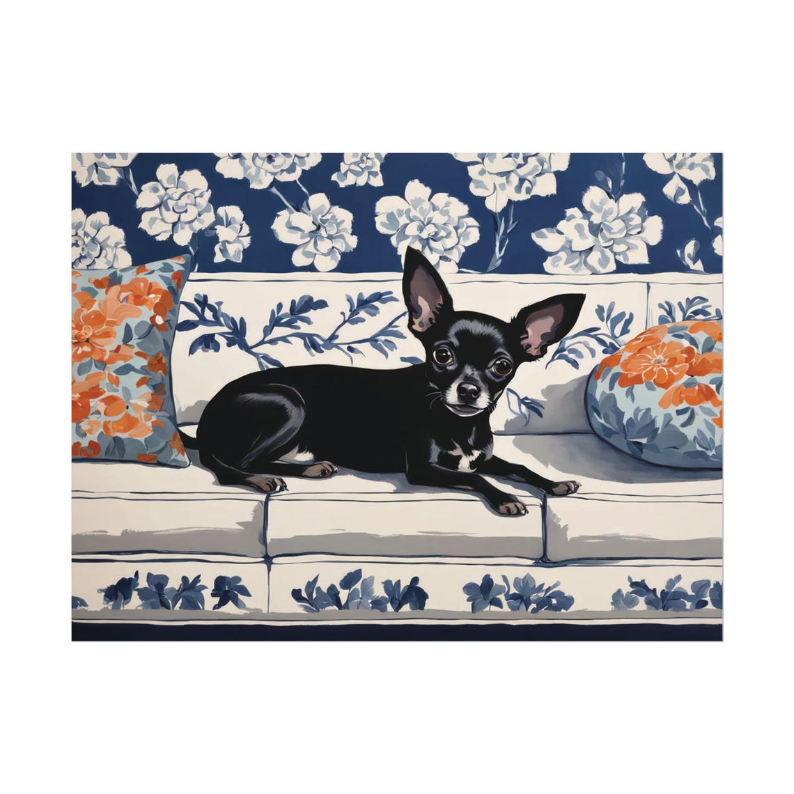 Black Chihuahua on Floral Couch Chinoiserie Blue Dog Lover Wall Art
