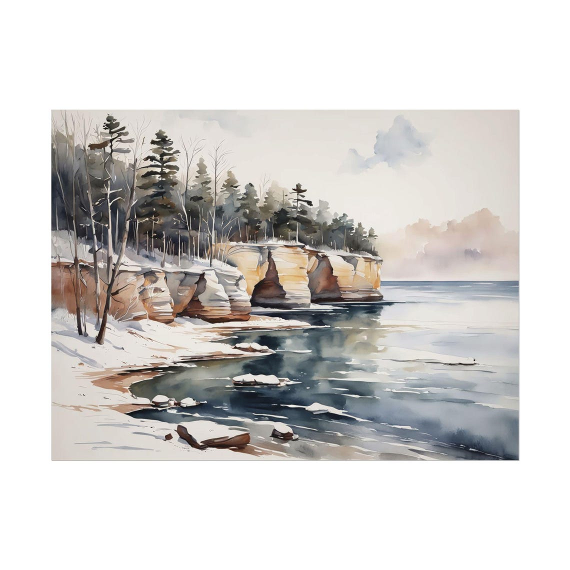Snowy Lakeshore Rocky Cliffs Winter Watercolor Landscape Poster