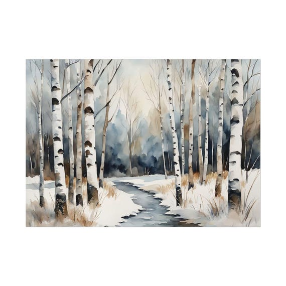 A Path Through Winter Birch Trees Watercolor Print Forest Painting Nature Art Birches Landscape Blue Neutral Wall