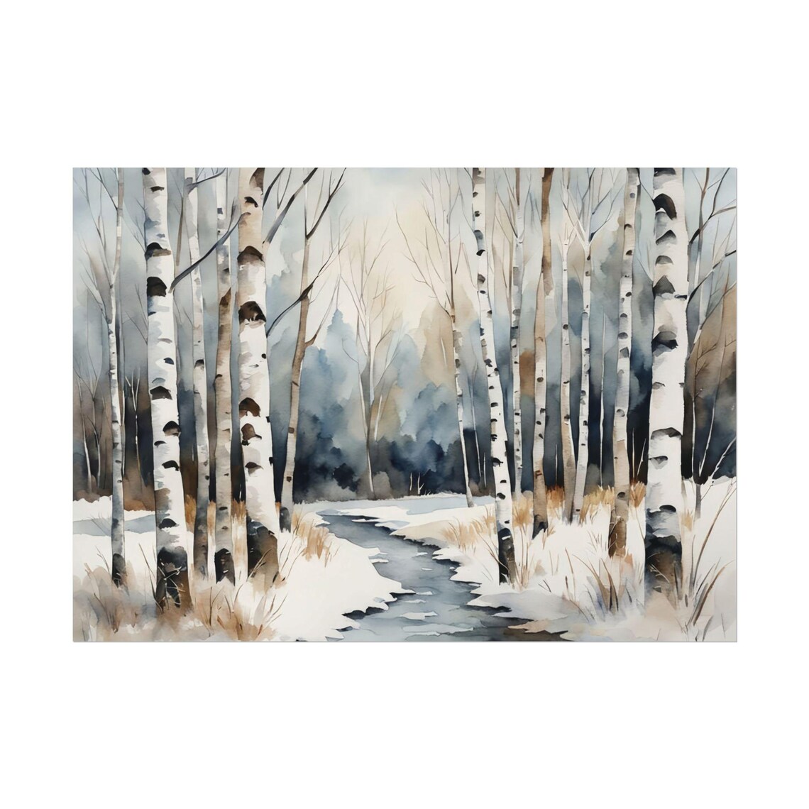 Winter Birch Forest Snowy Stream Watercolor Landscape Poster