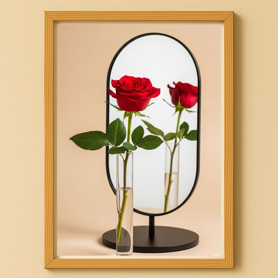 Red Rose In Glass Vase Oval Mirror Minimalist Still Life Wall Print