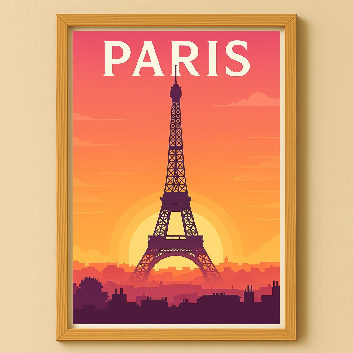 Paris Eiffel Tower Sunset Retro Travel Landmark Vintage Art Poster