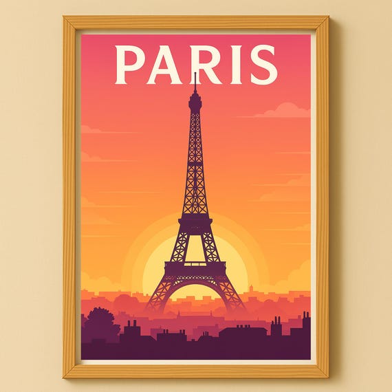 Paris Wall Art Poster Picture Vintage Illustration Travel Print Of Eiffel Tower In Multiple Jpg Sizes Sze4
