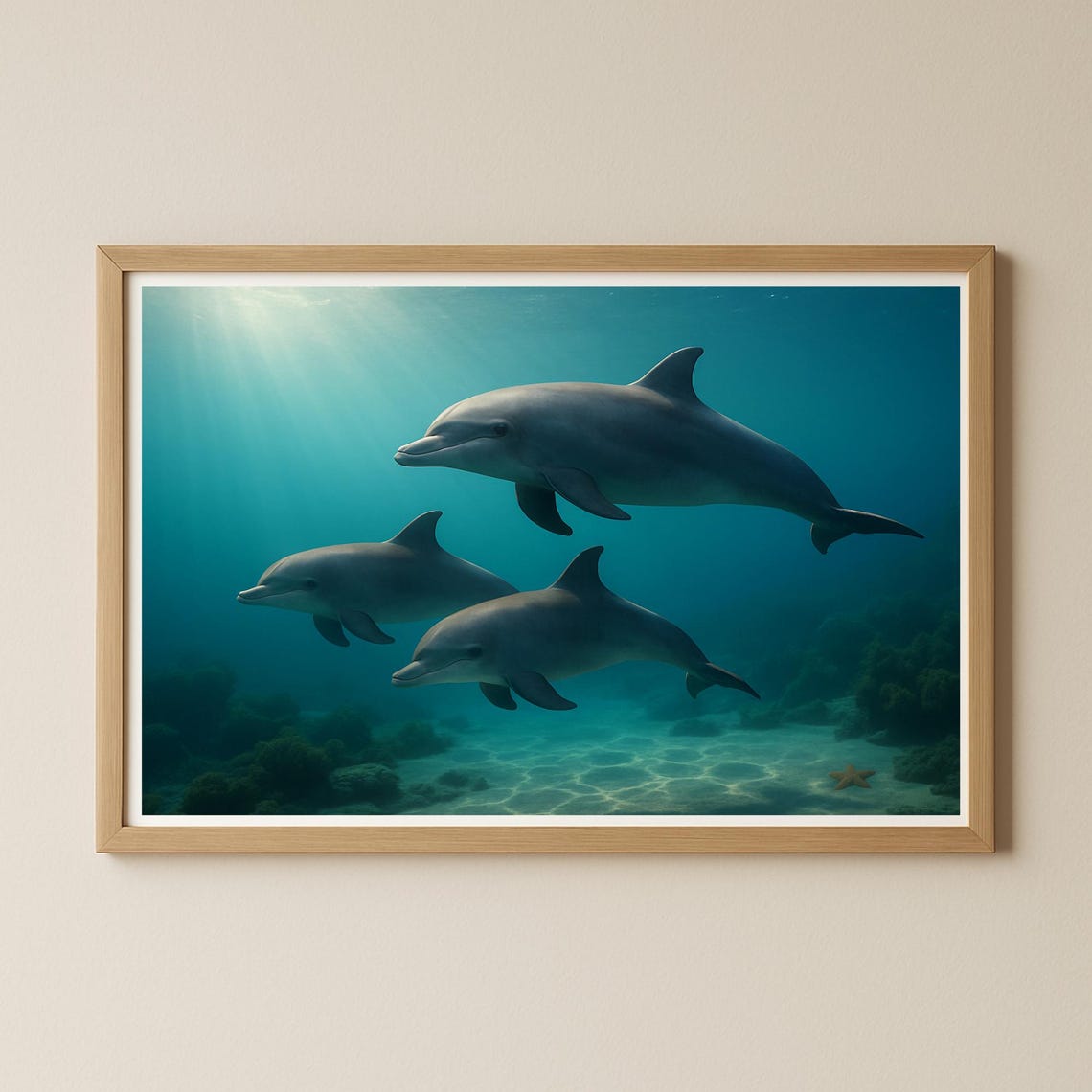 Three Dolphins Swimming Underwater Sunlit Ocean Scene Poster