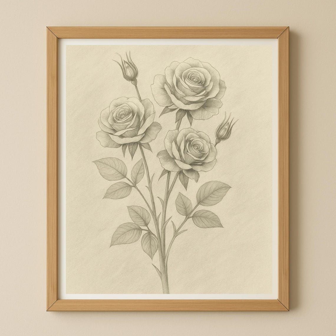 Three Roses And Buds Pencil Sketch Botanical Drawing Art Poster