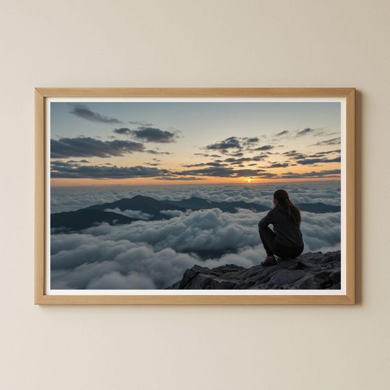 Woman Above The Clouds Wall Art Poster Picture Mountain Sunset Photography Landscape Image