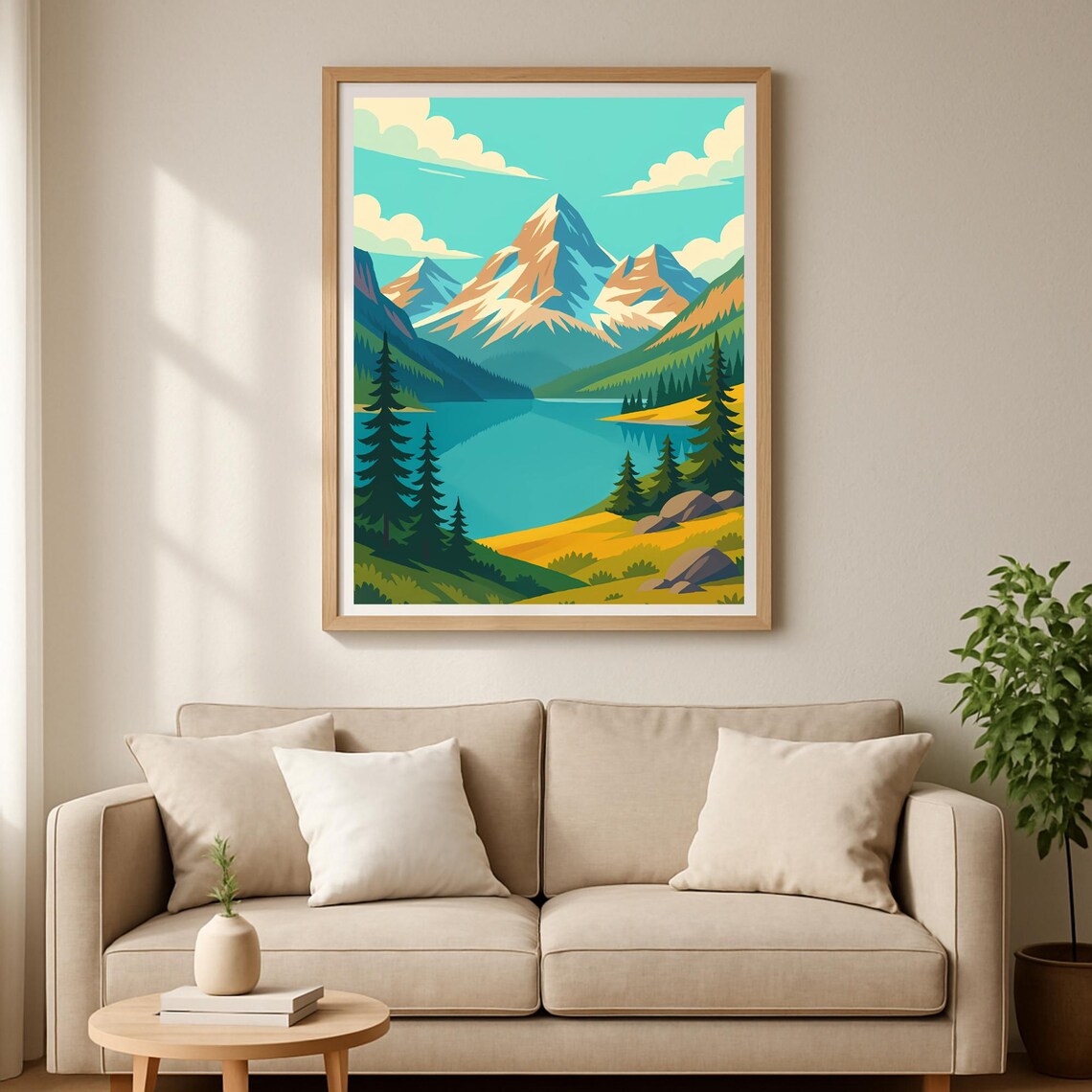 Snowy Mountain Lake Colorful Flat Vector Travel Illustration Poster