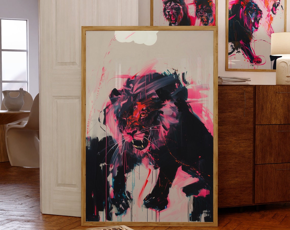 Black Panther Portrait In Neon Pink Expressionist Style Poster